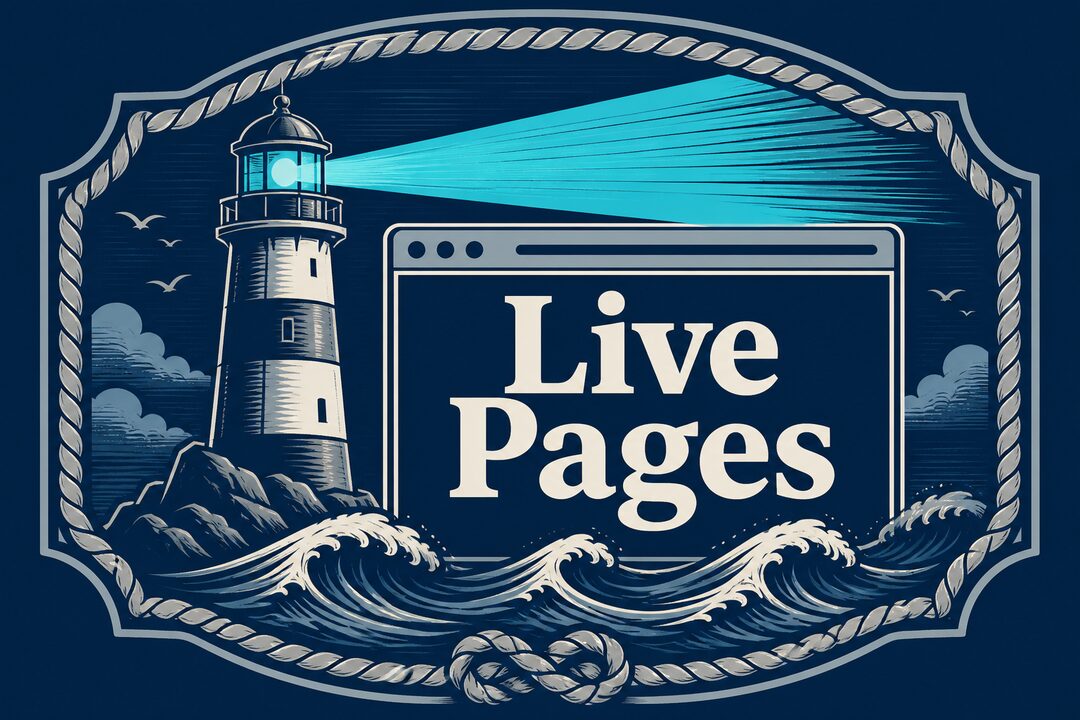 Vintage nautical HarborClient badge with lighthouse and browser window labeled Live Pages