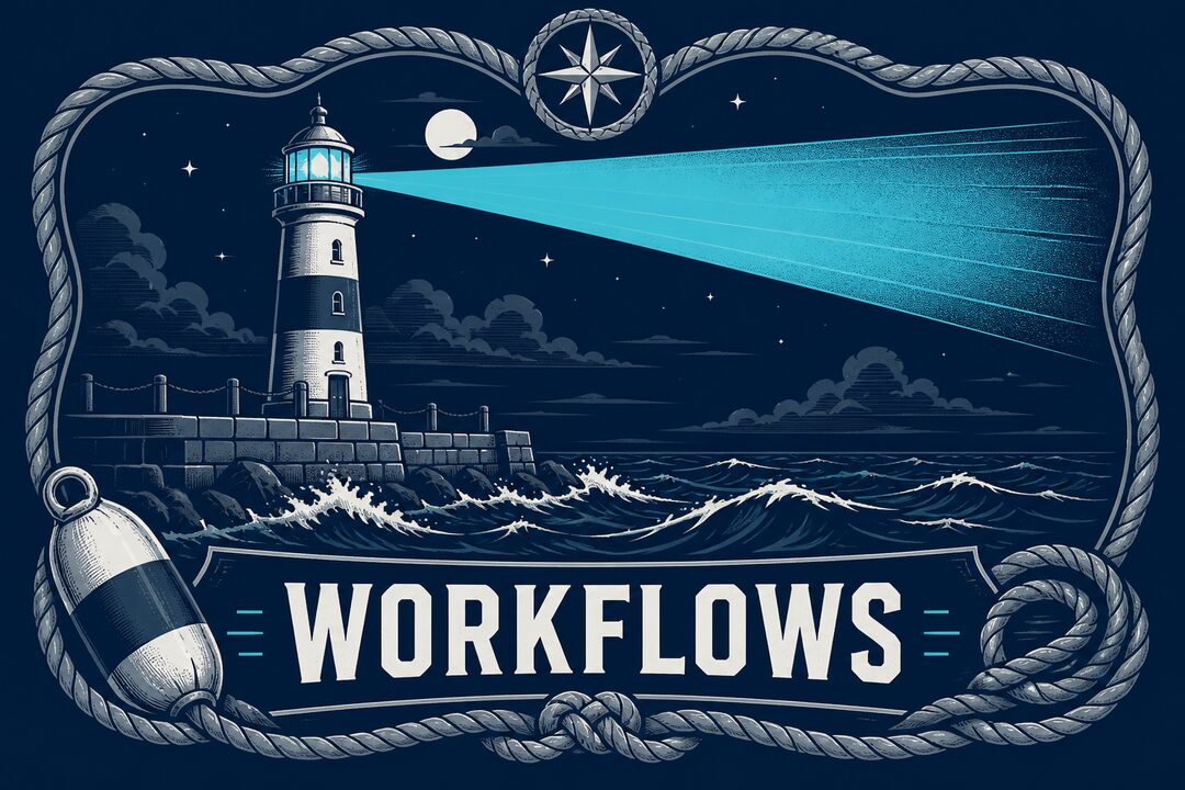 Vintage nautical lighthouse badge with WORKFLOWS title for HarborClient workflows announcement