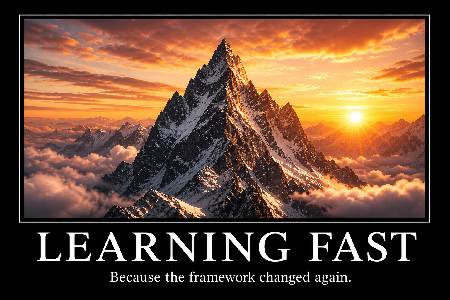 Mock motivational poster showing a dramatic mountain sunrise with the caption Learning Fast
